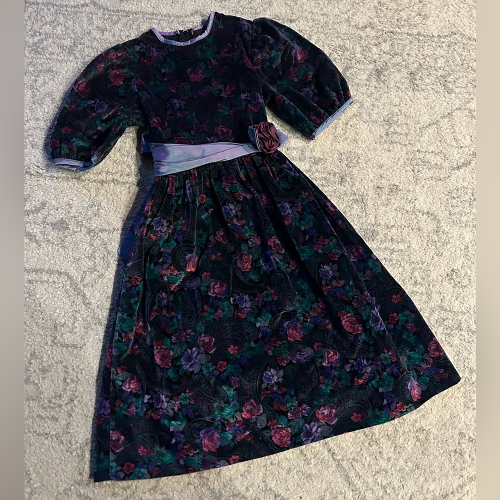Peaches & Cream Floral Velvet Dress with Puff Sleeves Ribbon Flower Trim & Sash